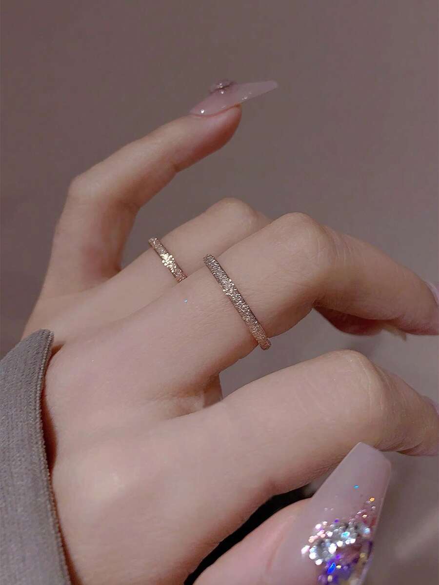 2pcs Women's Stainless Steel Rose Gold Matte Finish Ring Set - Rose Gold - View 1