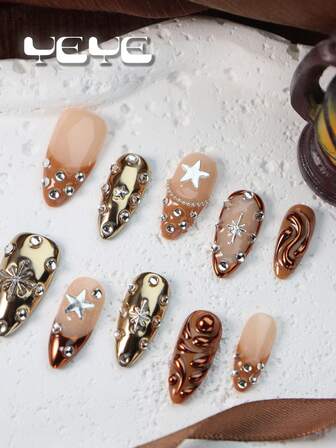 10 piezas de uñas postizas con forma de almendra en colores marrón, dorado y nude para manicura de otoño/invierno, pegatinas de uñas francesas clásicas, elementos decorativos 3D, cromo marrón, colores metálicos, decoración de rhinestones y estrellas, set de puntas de uñas de cobertura completa. Set de puntas de uñas acrílicas de cobertura completa con estilo nórdico, forma de almendra media, diseño de mariposas blancas, estrellas y estilo bohemio sirena