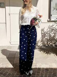 Women's Versatile Comfortable Zipper Polka Dot Straight Leg Pants, Suitable For All Seasons, Y2K Style - Blue - View 5