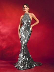 Grey Sleeveless Backless Sequin Maxi Evening Gown - Grey - View 3