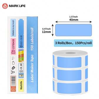 Marklife Marklife 3 Rolls Per Box Thermal Tape Labels,Self-Adhesive Label Stickers, For D30,M110,M220,M1,P50,P15 Label Printer,12x40mm 0.47"X1.57", 150 Labels/Roll, Suitable For Home,School, DIY Gifts