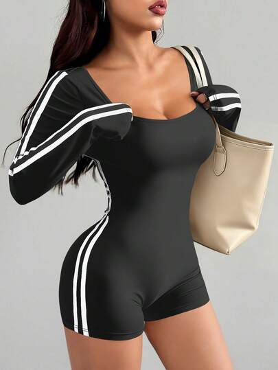 Mono de mujer AITYI Studio, bien ajustado, casual con rayas y cinta, estilizador y moldeador, cómodo y sexy, versátil para exteriores, deportes, Y2K, graduación, vuelta al colegio, Navidad, Año Nuevo, Acción de Gracias, otoño/invierno, de punto elástico y de manga larga