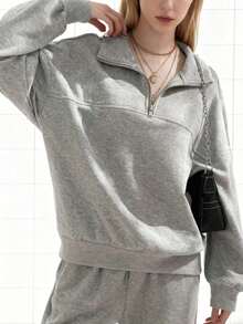 Ladies' New Autumn And Winter Half-Zip Stand-Up Collar Drop Shoulder Sweatshirt With Drawstring Waist Sweatpants Casual Suit