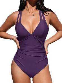 Women's Swimsuit Tummy Control Deep Double Straps Crisscross Back Tie Bathing Suit, 2025 Swimwear - 深紫色 - 查看 12