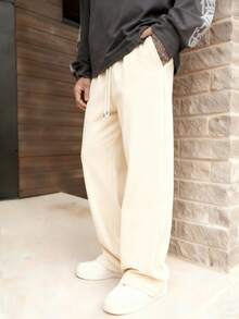 男士抽绳腰宽松阔腿休闲运动裤，秋冬款 - 杏色 - 查看 6