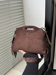 1 pièce Nouveau sac à main croissant à franges pour femmes en automne/hiver, sac fourre-tout minimaliste à la mode , convient pour les rendez-vous, les cadeaux, les déplacements, les courses - Café - Voir 1