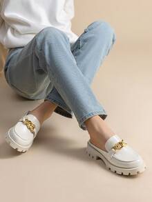 Women Mules Slippers Chunky With Gold Chain Decor Slip On Platform Thick Comfortable Fashion Classic Loafers Flat Slides Shoes - Màu be - Xem 2