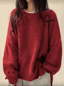 新款秋冬宽松圆领针织毛衣，柔软时尚灯笼袖套头衫 - 紅色 - 查看 4