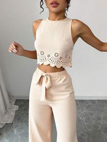 Conjunto de 2 piezas para mujer | Top con escote en V + pantalón con lazo calado | Imprescindible para citas/fiestas de verano - Caqui - Ver 5