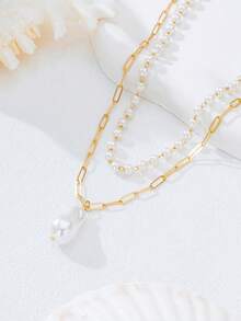 1pc White Faux Pearl Layered Pendant Necklace, Luxury Choker Necklace Suitable For Women's Daily Wear, Party, Outing - White - View 2