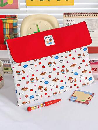 1个红色苹果狗图案A4学生文件袋，大容量按扣式文件收纳包，可存放计算器、笔记本和笔 - 适合学校、办公室和旅行 - 适合学生、专业人士、男士和女士，学校文具收纳盒，多功能收纳盒，铅笔盒