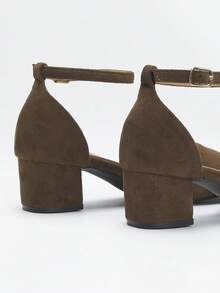 Giày bít mũi hở gót dành cho nữ, thiết kế tối giản màu trơn bằng da lộn giả, giày cao gót vừa phải thanh lịch phù hợp cho hoạt động ngoài trời. - Cà phê nâu - Xem 7