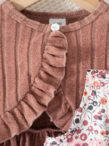 秋冬女婴可爱粉色毛绒荷叶边开衫和无袖花卉领结连衣裙两件套 - 藕粉色 - 查看 9