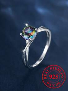 1 Piece S925 Sterling Silver Double Layer Ring, Four-Prong Round Cut Cubic Zirconia With Rainbow Plating, Hypoallergenic Stacking Jewelry For Women, Perfect Daily Luxury Gift. - Multicolor - View 1