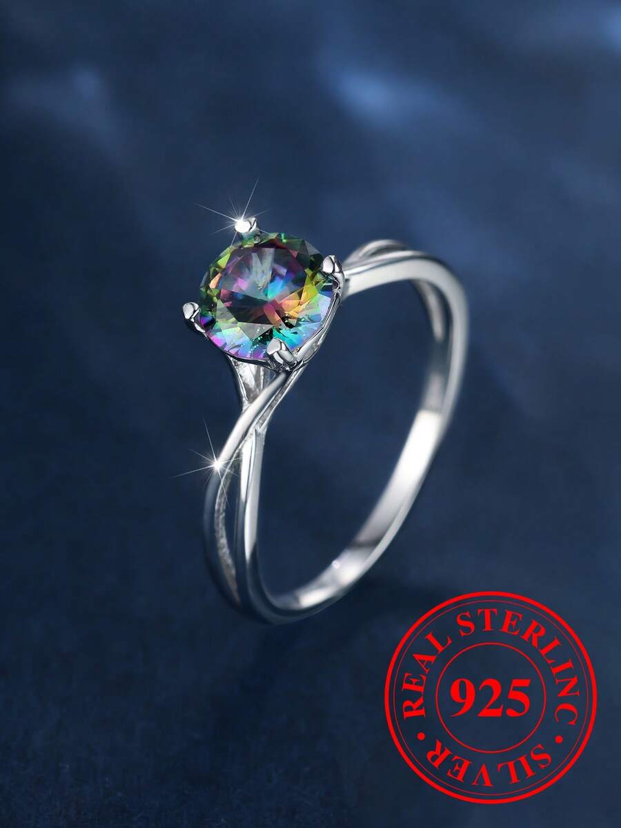 1 Piece S925 Sterling Silver Double Layer Ring, Four-Prong Round Cut Cubic Zirconia With Rainbow Plating, Hypoallergenic Stacking Jewelry For Women, Perfect Daily Luxury Gift. - Multicolor - View 1
