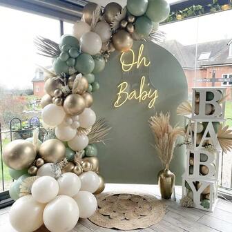 103件套灰绿色气球拱门和花环套装，包含香槟金、橄榄绿、波西米亚风气球，适用于婴儿派对、男孩/女孩派对、儿童生日、婚礼、丛林主题派对装饰