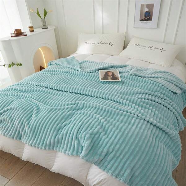 1pc Oversized Striped Blanket, Wide Stripe Cutout Faux Rabbit Fur, Milk Plush, Flannel Throw Blanket, Casual Nap Blanket, Office Siesta Lap Blanket