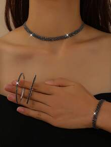 女士时尚项链、耳环、手链首饰套装，菱形图案，优雅百搭，适合派对、新娘、婚礼、情人节等场合佩戴 - 黑色 - 查看 5