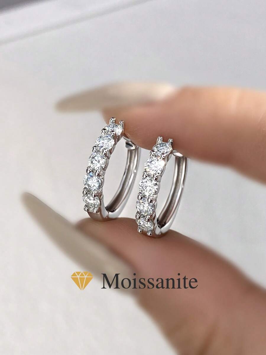 一对五钻莫桑石结婚订婚耳环，925纯银，优雅奢华女士耳环，高级女士珠宝礼品，适合圣诞节、约会和宴会佩戴 - 五排鑽莫桑耳圈 - 查看 1