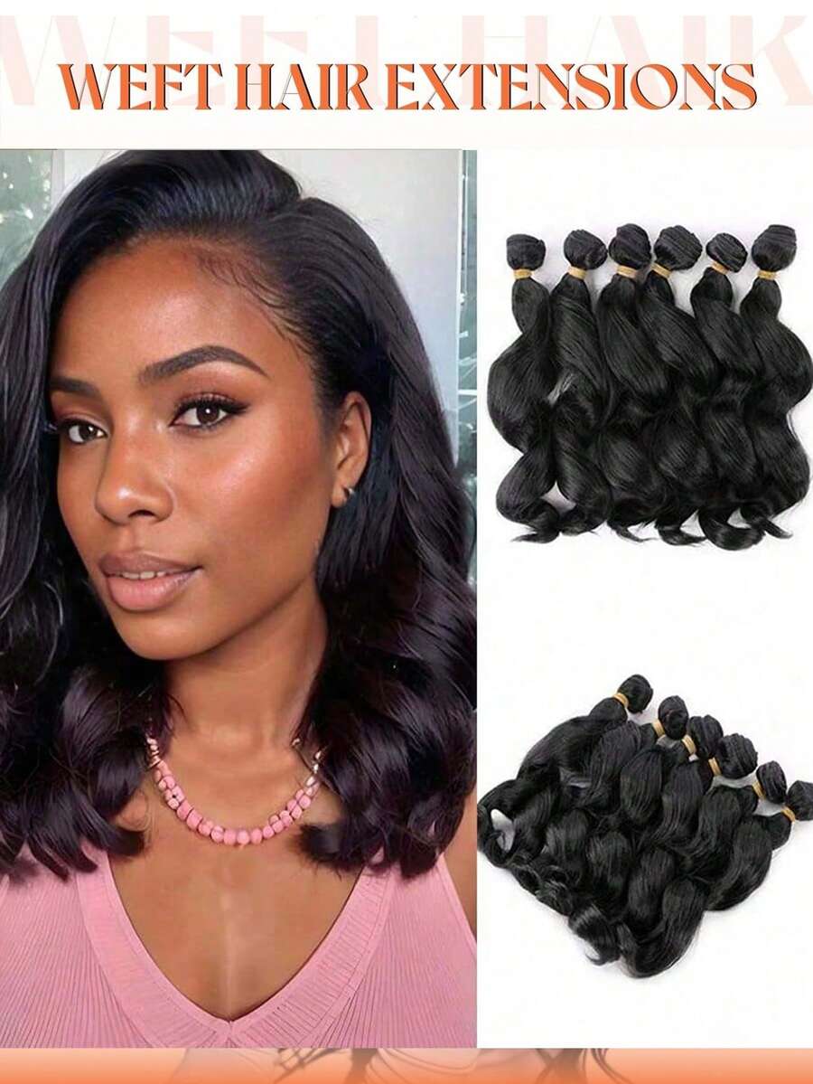 Synthetic Loose Deep Wave Hair Weave Bundles 14Inch 6pcs/Pack 300g Body Wavy Bundles Hair Extensions For Women Daily Party Christmas And New Year - 黑色 - 查看 1