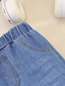 3pcs/Set Kids Light & Medium Blue Washed Denim Jeans, Boys Casual Elastic Waist Pants For Spring & Autumn - Dark Wash - View 6