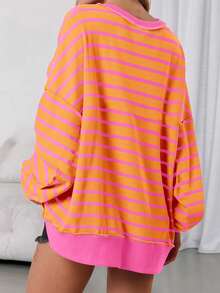 Womens Fall Striped Oversized Sweatshirt Long Sleeve Button Up Henley Neck Waffle Knit Pullover Tunic Tops - Bún vàng - Xem 2