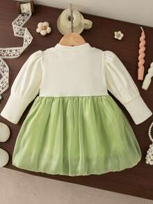 Baby Girls' Floral Bow Decor Long Sleeve Princess Dress, Knitted Patchwork 2 In 1 Sweet Party Dress For Spring/Autumn - Green - View 2