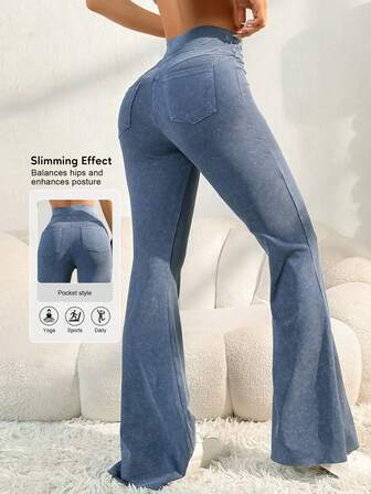 Sodalemon 女士健身弹力运动裤，户外口袋训练休闲运动服，跑步瑜伽舞蹈喇叭裤