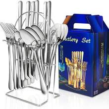 24PCS Knife And Fork Steak Cutlery Set With Rack – Stainless Steel Tableware For 6 People, Mirror Polished Knife, Fork, And Spoon Set, Dining Table Cutlery Set - 銀色 - 查看 1