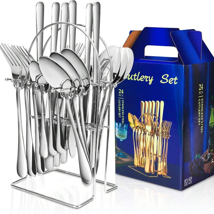 24PCS Knife And Fork Steak Cutlery Set With Rack – Stainless Steel Tableware For 6 People, Mirror Polished Knife, Fork, And Spoon Set, Dining Table Cutlery Set - 銀色 - 查看 1