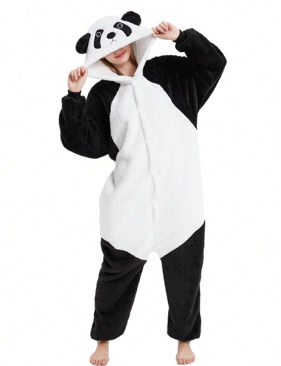 Cute Unisex Fleece Adult Panda Costume Pajamas, Button Plush Animal One Piece Sleepwear Loungewear - Panda - 查看 1