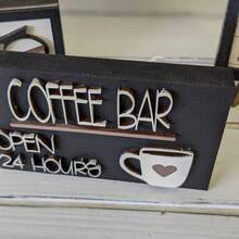 Cute And Fun 3D Coffee Bar, Open 24 Hours, Wooden Box, Mini Coffee Bar Sign, Coffee Tray, Everyday Decoration. - 黑色 - 查看 2