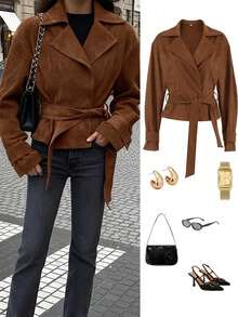 Damen Herbst/Winter Französisch Wildleder Fleece Kragen Lässige Doppelreiher Jacke mit Bindegürtel, Mode Neue Matt Fleece Schlank Passform Elegant Retro Mantel, Ausgeh Oberteile für Damen - Braun - Übersicht 5