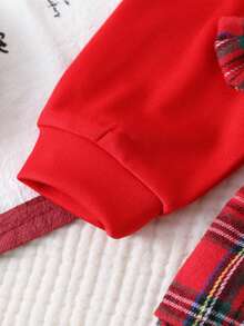 Blusa casual de niña de color rojo sólido con dobladillo a cuadros, adorable decoración de moño 2 en 1 sudadera - Rojo - Ver 6