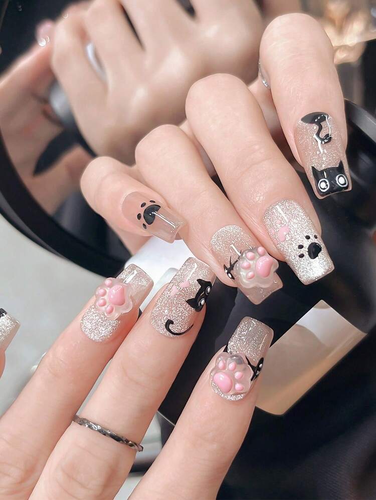 可愛い猫の肉球ネイルアート装飾 50個セット、3Dステレオ フラット