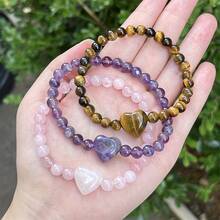 1/3件装女士天然虎眼石、粉晶和紫水晶手链 - 波西米亚风格心形串珠首饰，适合日常佩戴以及生日、母亲节、情人节等特殊场合 - 手工制作，附赠贺卡，意义非凡的礼物，优雅设计，抛光珠子，串珠饰品 - 彩色 - 查看 11