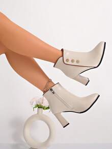 时尚新款尖头中跟优雅粗跟靴，性感百搭靴，纤细性感尖头高跟鞋，柔软皮革搭扣中跟踝靴，英伦风纤细踝靴，女士侧拉链粗跟踝靴，甜美优雅的办公室、派对、通勤、商务高跟鞋，人造革舒适踝靴，适合纤细脚型 - 米色 - 查看 5