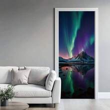 2 Sheets Self - Adhesive Door Sticker, 80cmx200cm/31.5x78.7inch Nature Tree Shadow Door Murals Stickers PVC Removable Wallpaper Decoration Home Bedrooms U200BLiving Room - 極光雪山夜景 - 查看 7