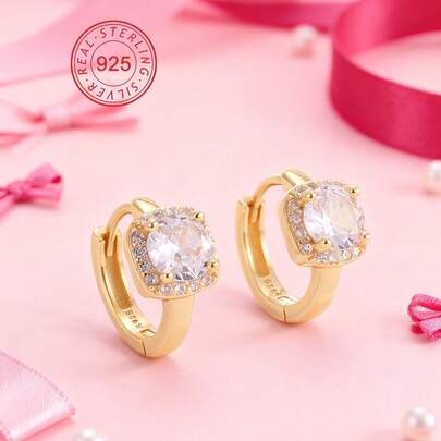 Artepollo 925 Sterling Silver Earrings, 14K Gold Plated Shiny Zirconia Hoop Earrings, Hypoallergenic, Non-Fading, Lightweight, Gold Color Everyday Jewelry, Gift Box Packaging, Gift For Girls