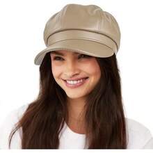 Women's PU Leather Newsboy Cap 8 Panel Paperboy Newsie Cap Bakerboy Beret Cabbie Hat, Fashionable Headwear - 卡其色 - 查看 2