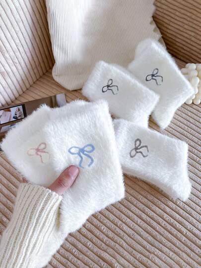 [Warm Socks]5/10 Pairs Girl's Winter Plush Thermal Socks With Butterfly Bow Design - Soft Fluffy Short Socks For Indoor Outdoor Walking,Hand Wash Only, Elegant Cozy Gift, Fluffy Socks, Comfortable Footwear, Stylish Knitwear