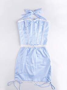 Conjunto de 2 peças Yuwenier Y2K com top cropped bustier com contraste de renda e laço na frente, costas abertas, e saia míni com cordão na cintura baixa, adequado para encontros na primavera/outono