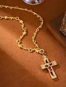 Colar vintage com pingente de cruz em ouro 14K, unissex, com design de coração vazado, cravejado com zircônias vermelhas e corrente vazada em formato de flor. Uma joia moderna e elegante, perfeita para ocasiões religiosas, Dia das Mães, aniversários, Dia dos Namorados e Natal. - Cruz de Coração Vazado - Ver 10