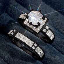 2 Pieces/Set, Shiny Six-Claw Inlaid Cubic Zirconia Women's And Men's Wedding Ring Sets, Pairs Of Rings, High-End Ring Sets, Accessories, Birthday Parties, Valentine's Day Gifts.Valentine's Day Special Offer - Black - View 2
