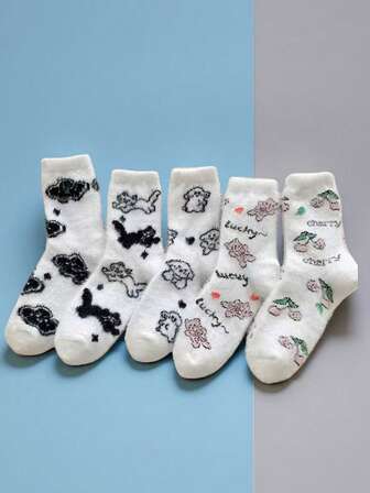 2 Pairs Cartoon White Faux Fur Socks, Soft Cute Animal Design, Warm Mid-Calf Socks For Home, Sleep, Floor Wear, Random Delivery, Autumn/Winter