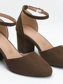 Giày sandal mũi tròn hở mũi mùa hè cho nữ, giày cao gót da lộn thoải mái, đa năng cho mùa xuân/thu - Cà phê nâu - Xem 5