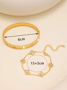 Fashionable Luxury European & American Four-Leaf Clover Zirconia Stainless Steel Women's Bracelet Set, Suitable For Multiple Occasions And As A Gift For Friends - Yellow Gold - View 6