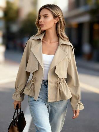 Solid Color Drawstring Waist Tie Casual Elegant Simple Windbreaker Jacket For Women, Autumn/Winter