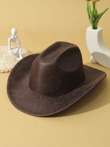1pc Unisex Cattle Head & Belt Decor Handmade Panama Hat Wide Brim Cowboy Hat PU Cowgirl Hat Ridge Western Suitable Soft Felt Hat Fedora Hat - Coffee Brown - View 6