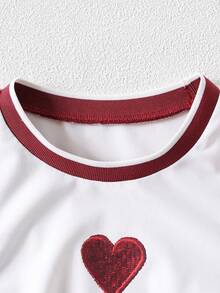 2 件女童休闲套装：长袖 T 恤，心形印花和百褶裙，春秋 - 紅白色 - 查看 3